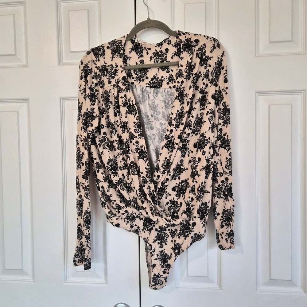 Intimately Free People Floral Surplice Wrap Bodysuit Long Sleeve L Whimsigoth